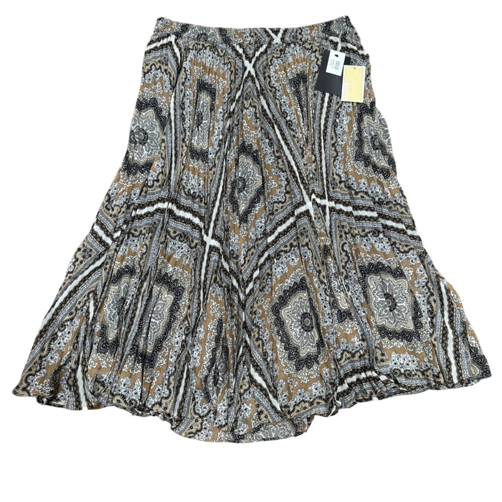 Michael Kors Women's Midi Skirt L Large Maxi Flowy Pleated Geometric Bone‎ NWT